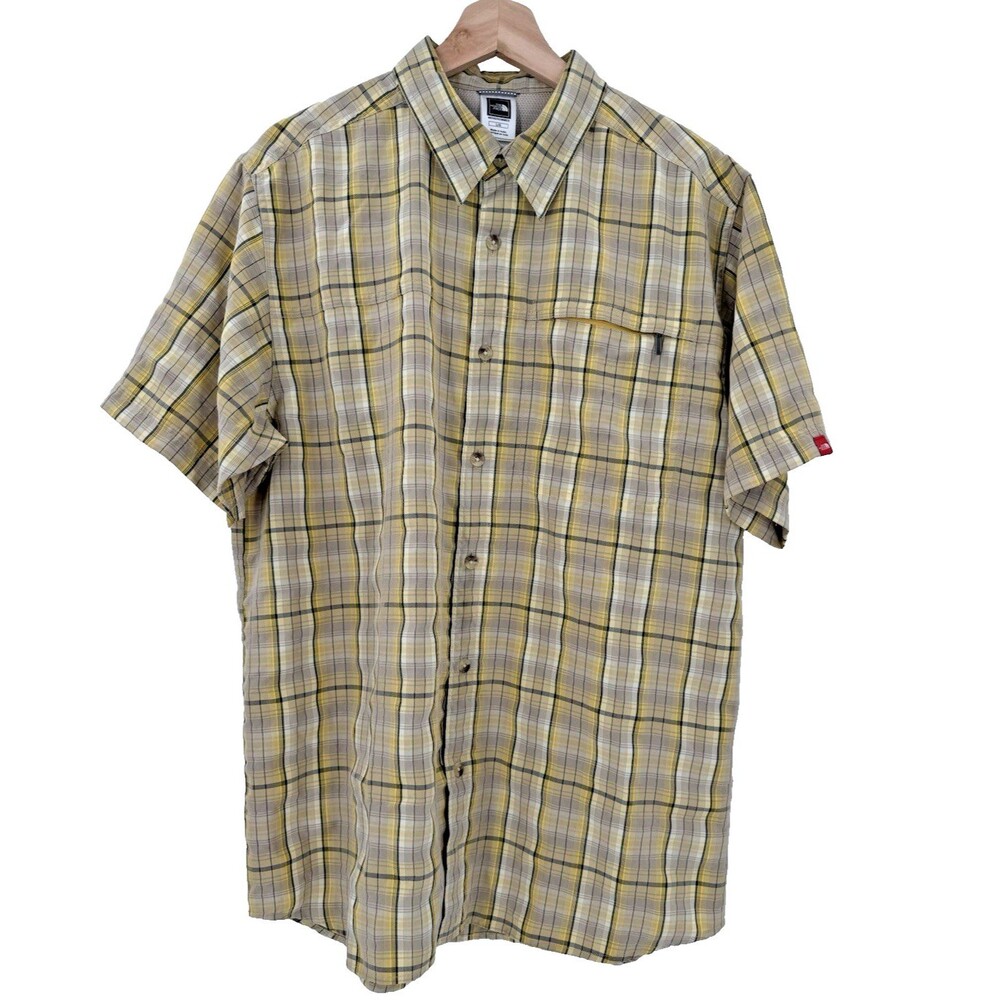 The North Face Men’s Yellow Plaid Short Sleeve Button-Up Shirt Size LARGE  EUC